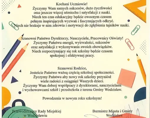 Życzenia na nowy rok szkolny 2026/2027 od Gminy Wodzisław
