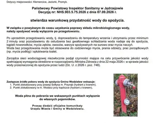 Warunkowa przydatność wody w Klemencicach, Jeziorkach i Promyku – komunikat sanepidu
