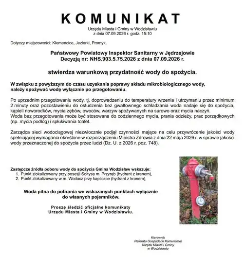 Warunkowa przydatność wody w Klemencicach, Jeziorkach i Promyku – komunikat sanepidu