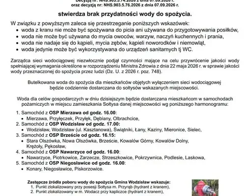Brak przydatności wody do spożycia w gminie Wodzisław – komunikat Sanepidu