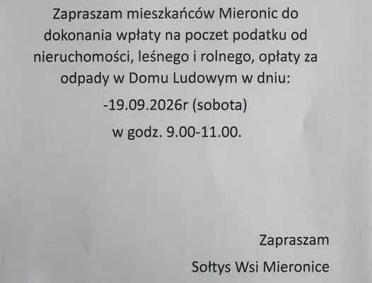 Mieronice: dziś zbiórka podatków i opłat w Domu Ludowym