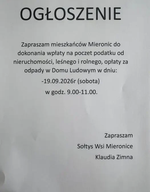 Mieronice: dziś zbiórka podatków i opłat w Domu Ludowym
